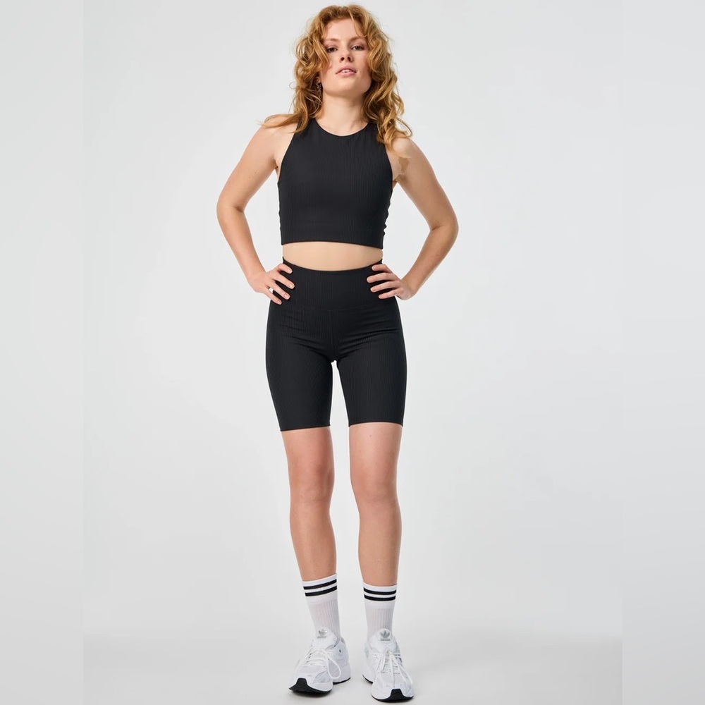 Girlfriend Collective High-Rise Bike Short in Black Ribbed.